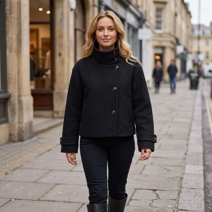Black coat on a city sidewalk