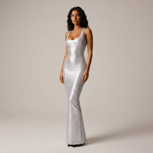 Indie | Damen-Maxikleid mit Metallic-Optik und Rundhalsausschnitt