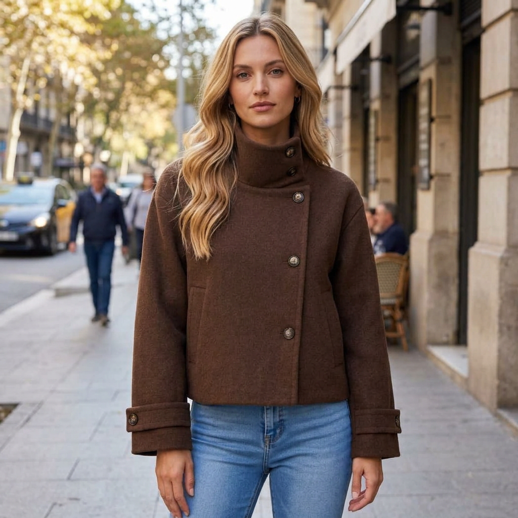 Brown coat on a city sidewalk