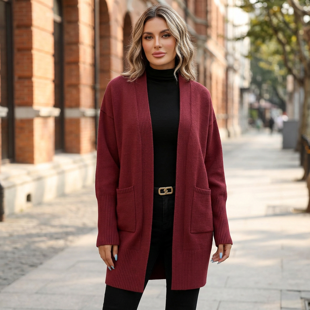Burgundy cardigan sidewalk image