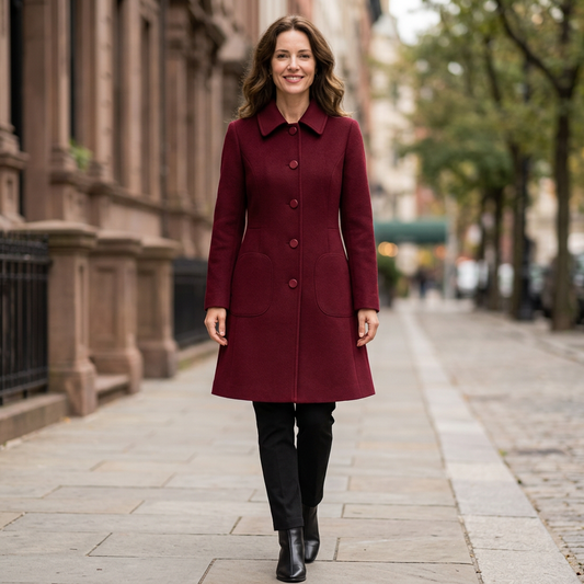Burgundy coat sidewalk image