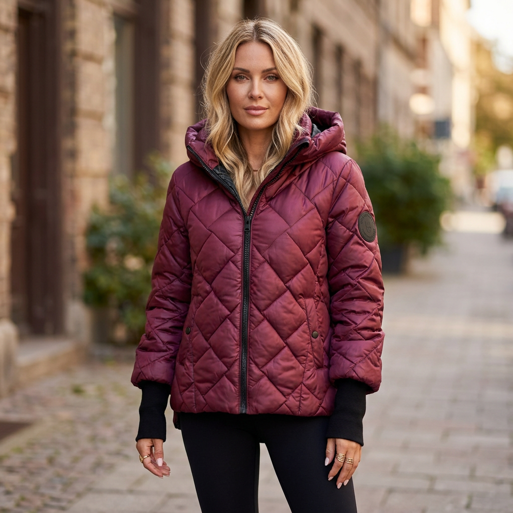 Burgundy jacket sidewalk photo
