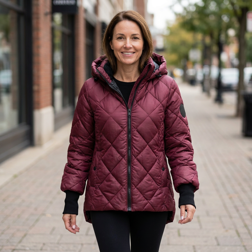 Burgundy jacket walking sidewalk photo