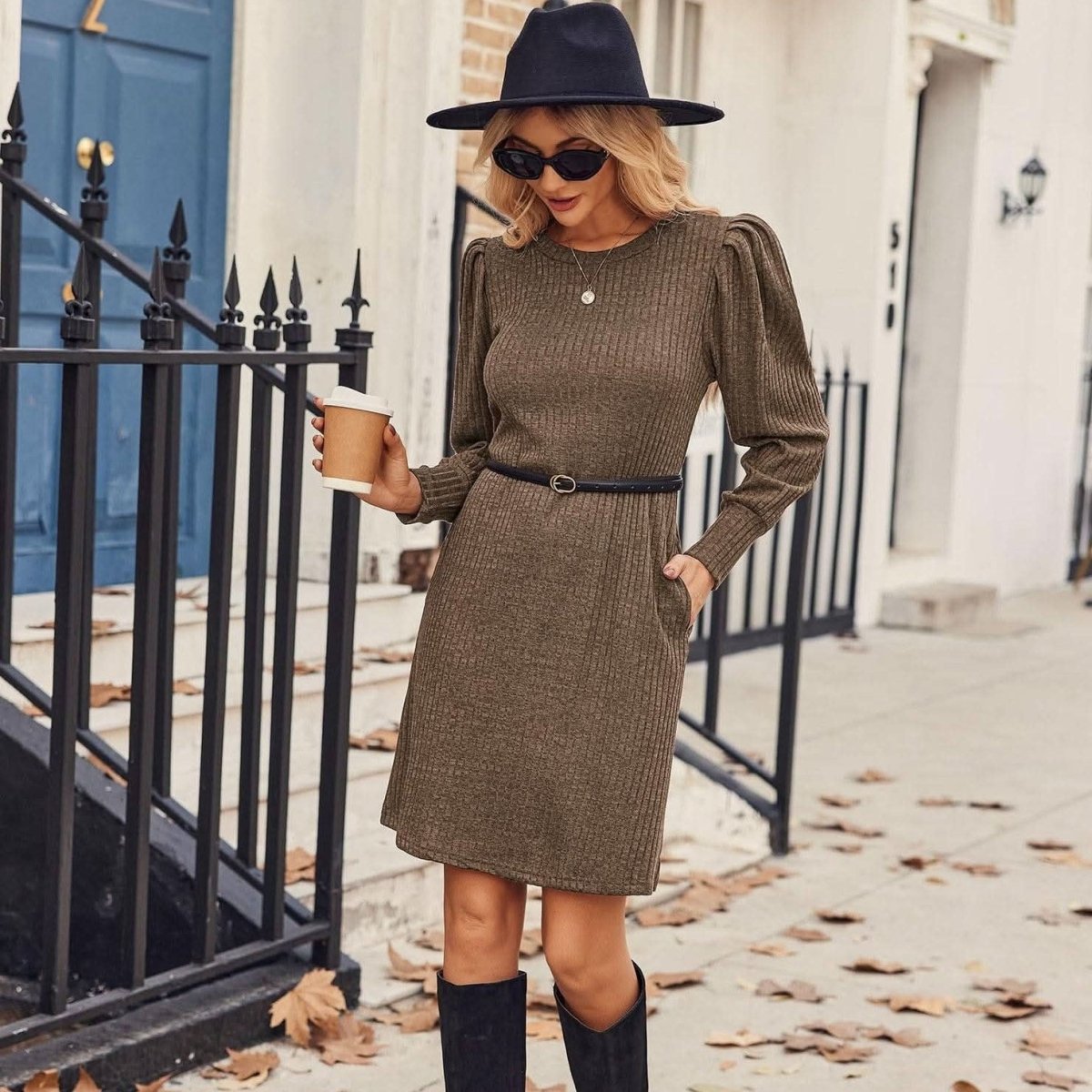 Kaia | Women's Ribbed Puff Sleeve Jumper Dress for Winter