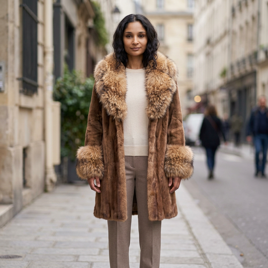 European woman wearing the brown winter coat on a city sidewalk