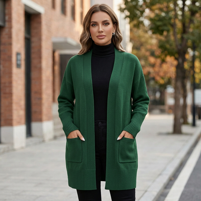 Green cardigan sidewalk image