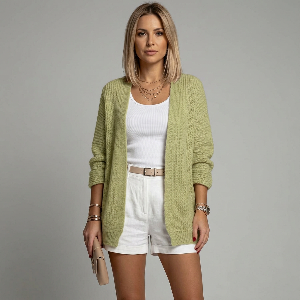 Green cardigan studio photo
