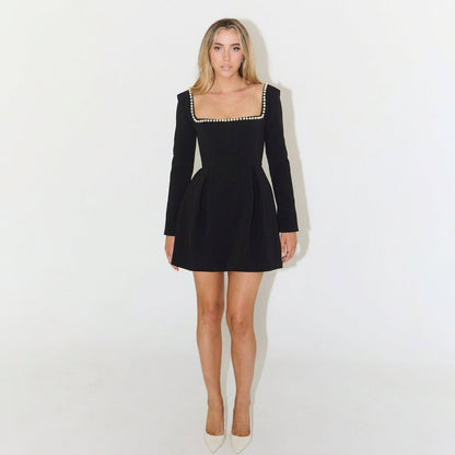 Terra | Women's Long Sleeve Pearl Trim Mini Dress