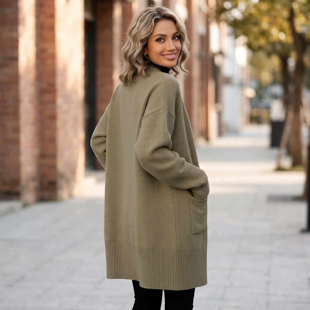 Khaki cardigan back-view sidewalk image