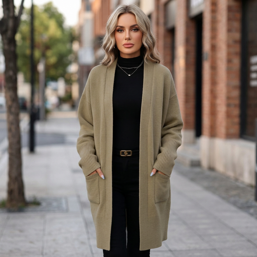 Khaki cardigan sidewalk image
