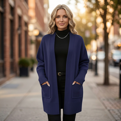 Navy cardigan sidewalk image