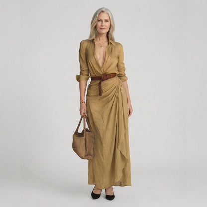 Kira | Women's Belted Long Sleeve Shirt Maxi Dress