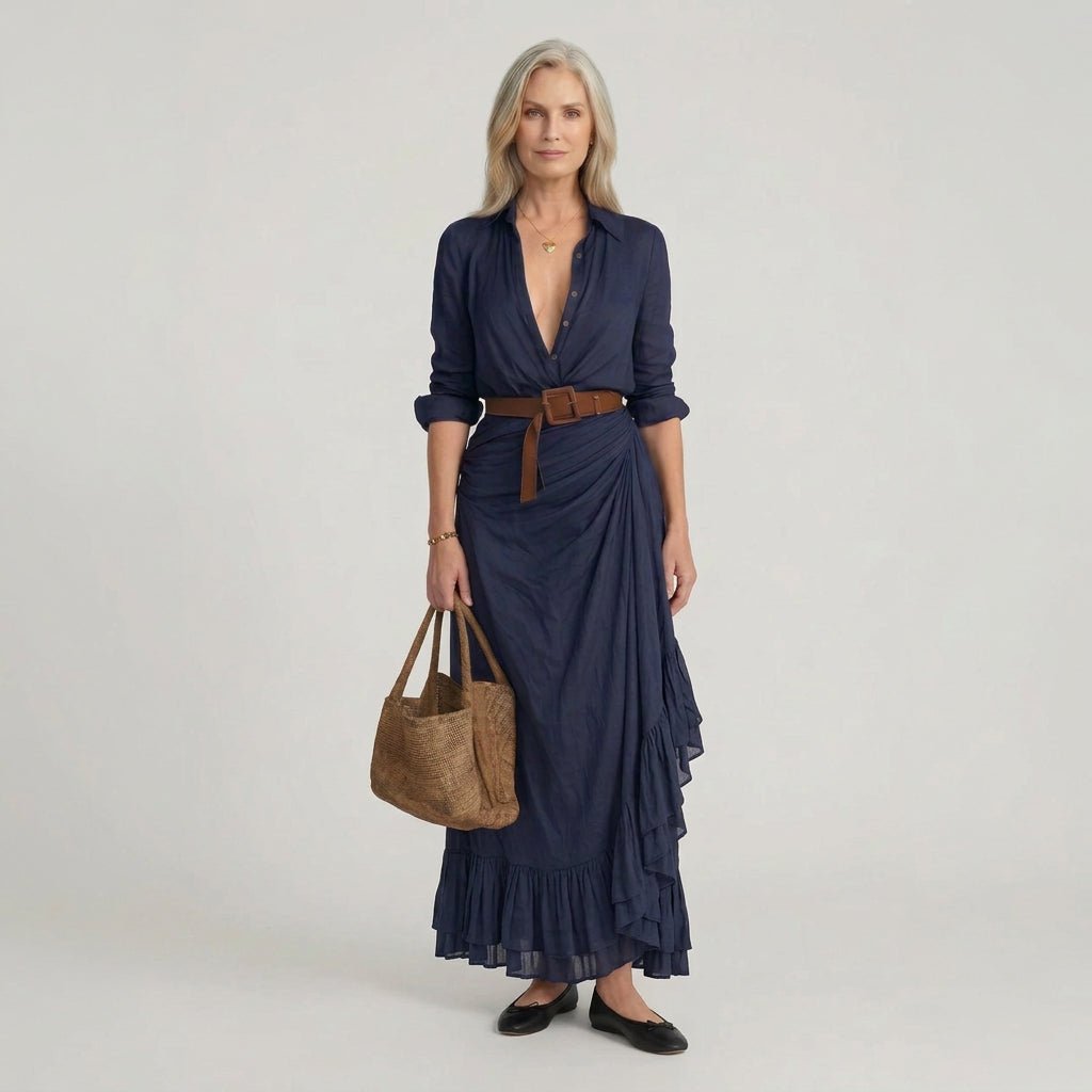 Kira | Women's Belted Long Sleeve Shirt Maxi Dress