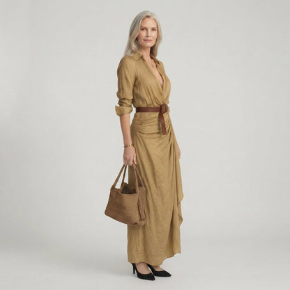 Kira | Women's Belted Long Sleeve Shirt Maxi Dress