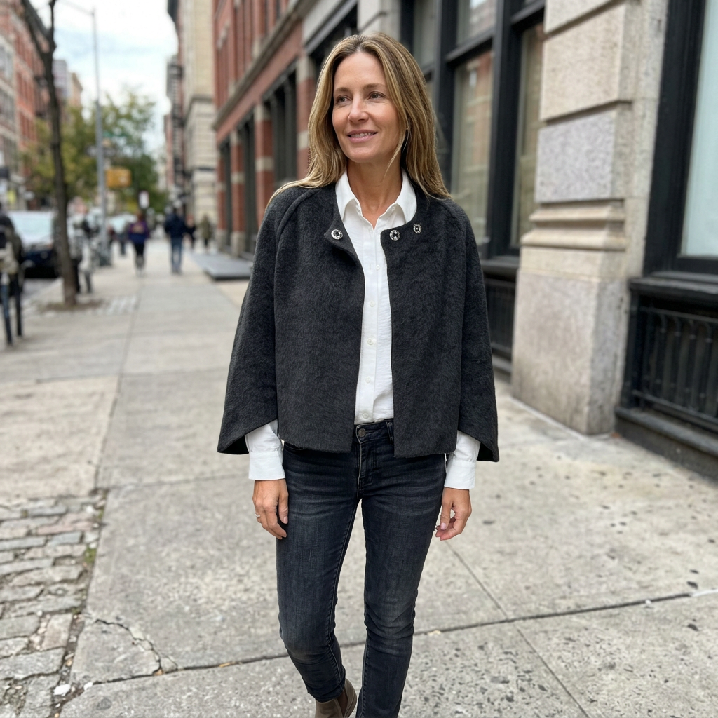 Sidewalk lifestyle photo of a European woman wearing the charcoal jacket