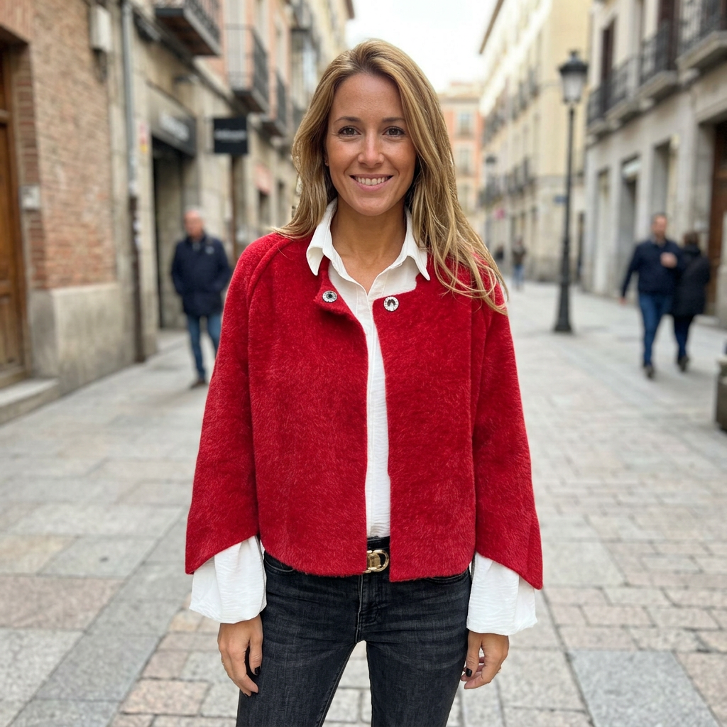 Sidewalk lifestyle photo of a European woman wearing the red jacket